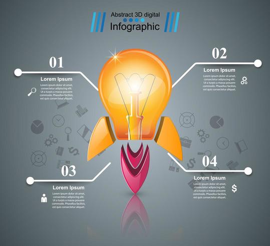 Infographik Design. Glühbirne, Licht, Rakete-Symbol. vektor