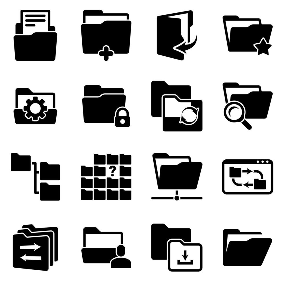 uppsättning enkla ikoner på en temamapp, dokument, filer, vektor, design, samling, platt, tecken, symbol, element, objekt, illustration. svarta ikoner isolerade mot vit bakgrund vektor