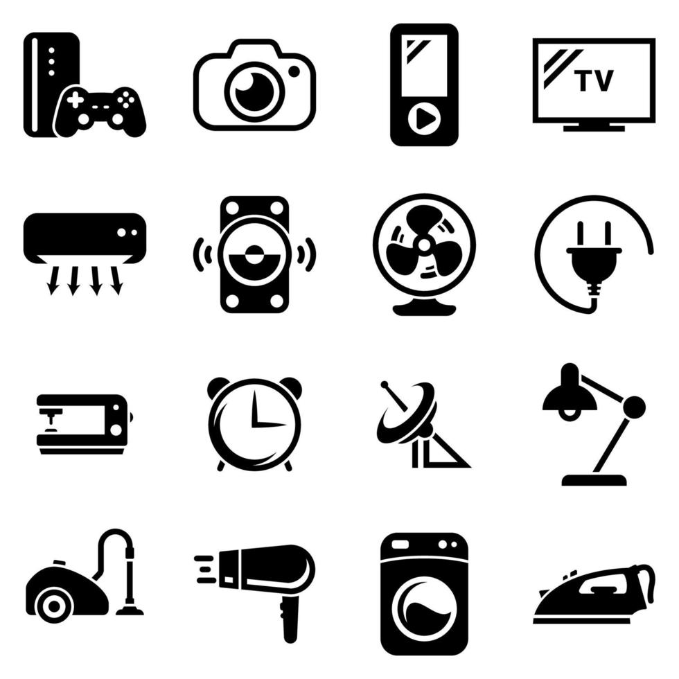 Satz einfacher Symbole zu einem Thema Zuhause, Haushaltsgeräte, Haushalt, Vektor, Design, Sammlung, flach, Zeichen, Symbol, Element, Objekt, Illustration. schwarze Symbole vor weißem Hintergrund isoliert vektor