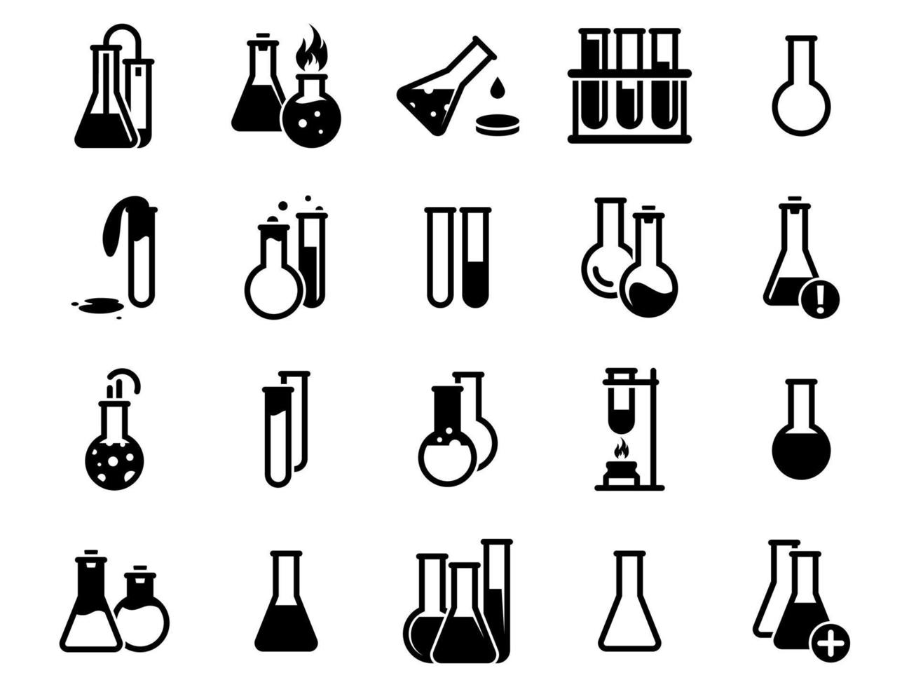 uppsättning enkla ikoner på en temakolv, laboratorium, experiment, vektor, design, samling, platt, tecken, symbol, element, objekt, illustration. svarta ikoner isolerade mot vit bakgrund vektor