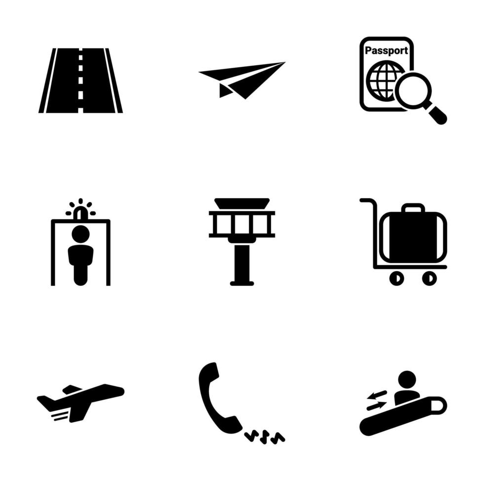 satz einfacher symbole zu einem thema flughafen, landebahn, flugzeug, transport, vektor, satz. schwarze Symbole vor weißem Hintergrund isoliert vektor