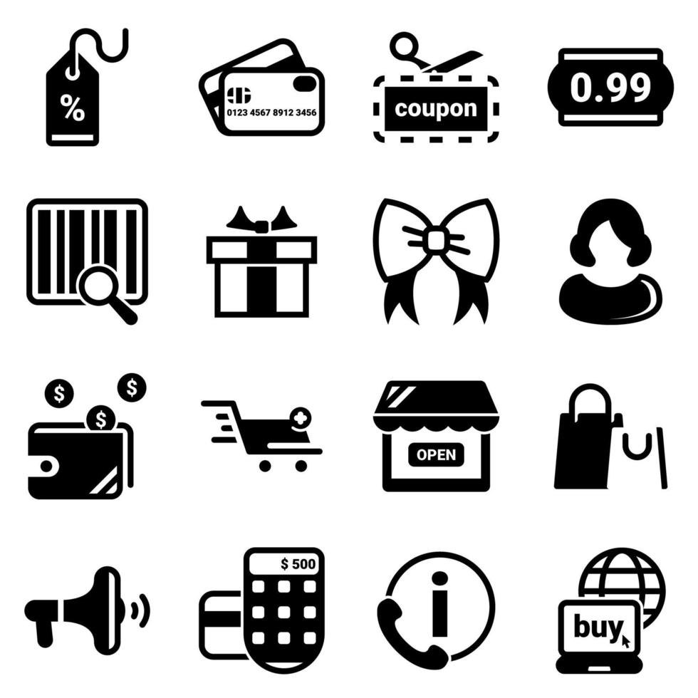 Satz einfacher Symbole zu einem Thema Einkaufen, Handel, E-Commerce, Geld, Kauf, Verkauf, Kredit, Shop, Internet, Vektor, Set, flach, Zeichen, Symbol, Objekt. schwarze Symbole vor weißem Hintergrund isoliert vektor