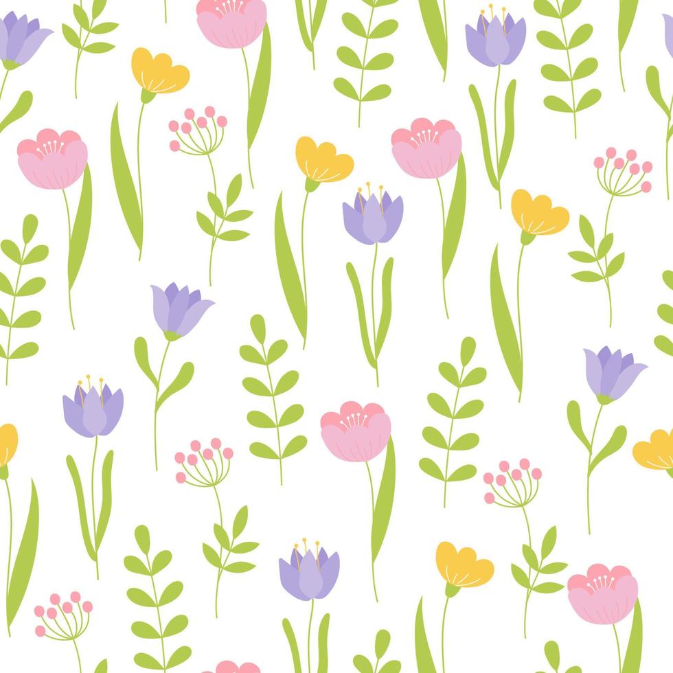 nahtloses Muster mit bunten Blumen. Endlosdruck aus Blumen und Zweigen in Pastellfarben auf weißem Hintergrund. vektor