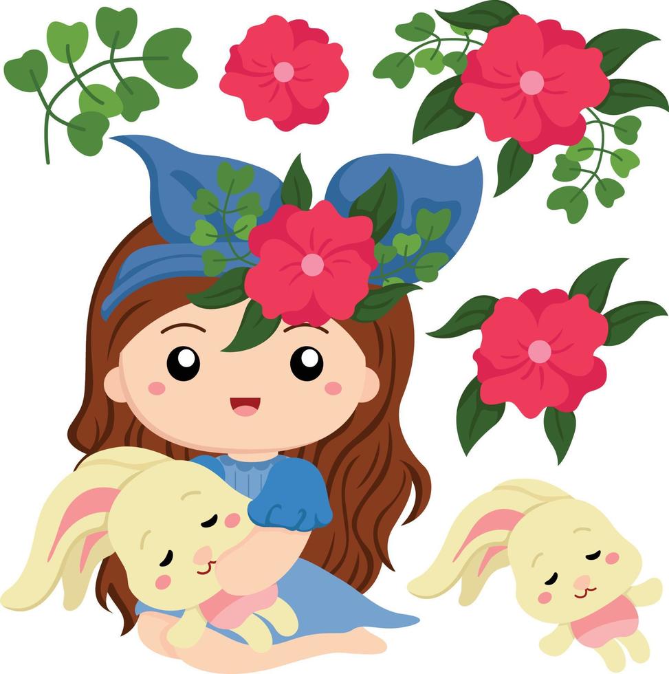 flicka med sin kanin clipart vackra blommor perfekt för påsk eller vår dekoration vektor