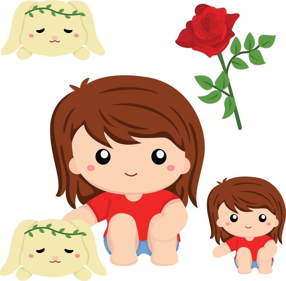 flicka med sin kanin clipart vackra blommor perfekt för påsk eller vår dekoration vektor