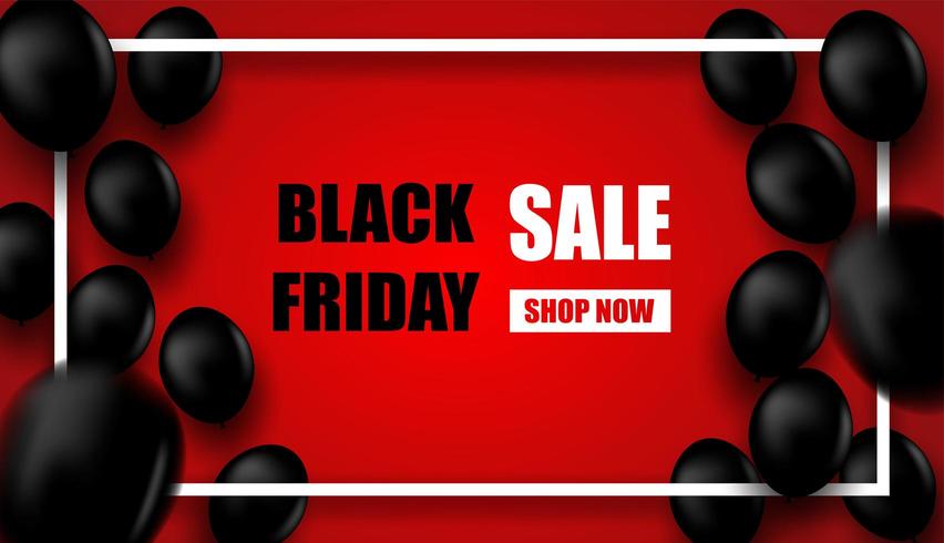 Black Friday-Verkaufsentwurf mit weißem Rahmen und schwarzen Ballonen auf Rot vektor
