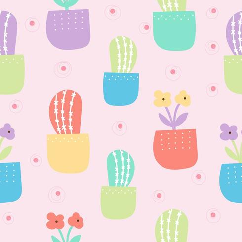 Söt kaktus- och blommönster med pastellfärg vektor