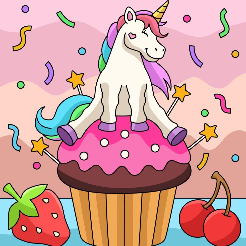 einhorn sitzt auf einem cupcake farbigen cartoon vektor