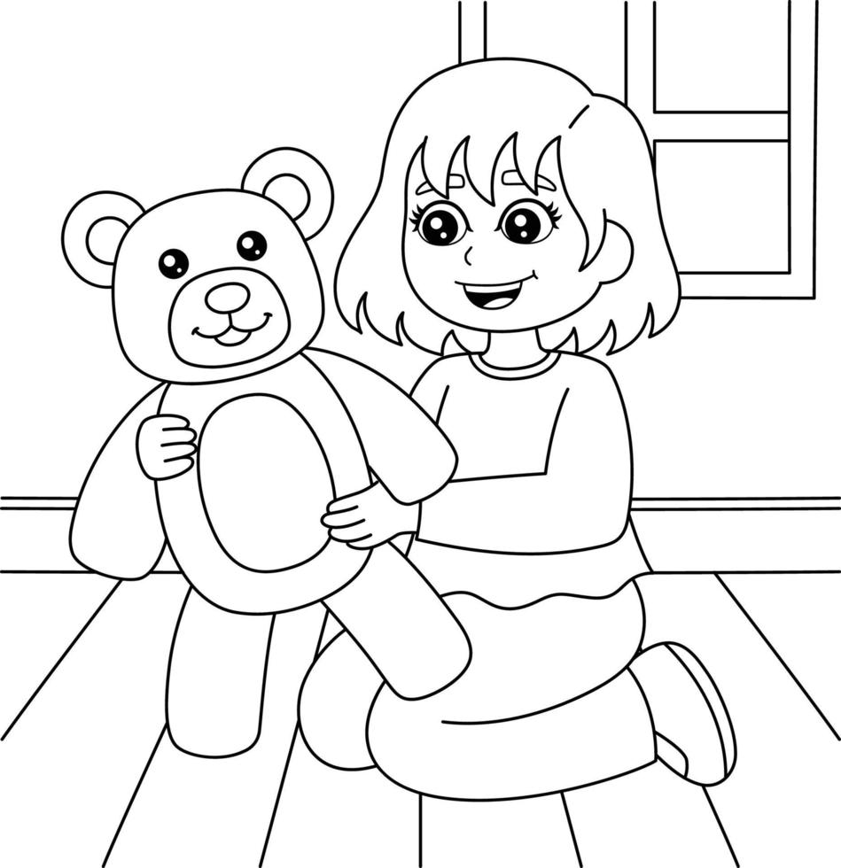 flicka som håller en nallebjörn målarbok för barn vektor
