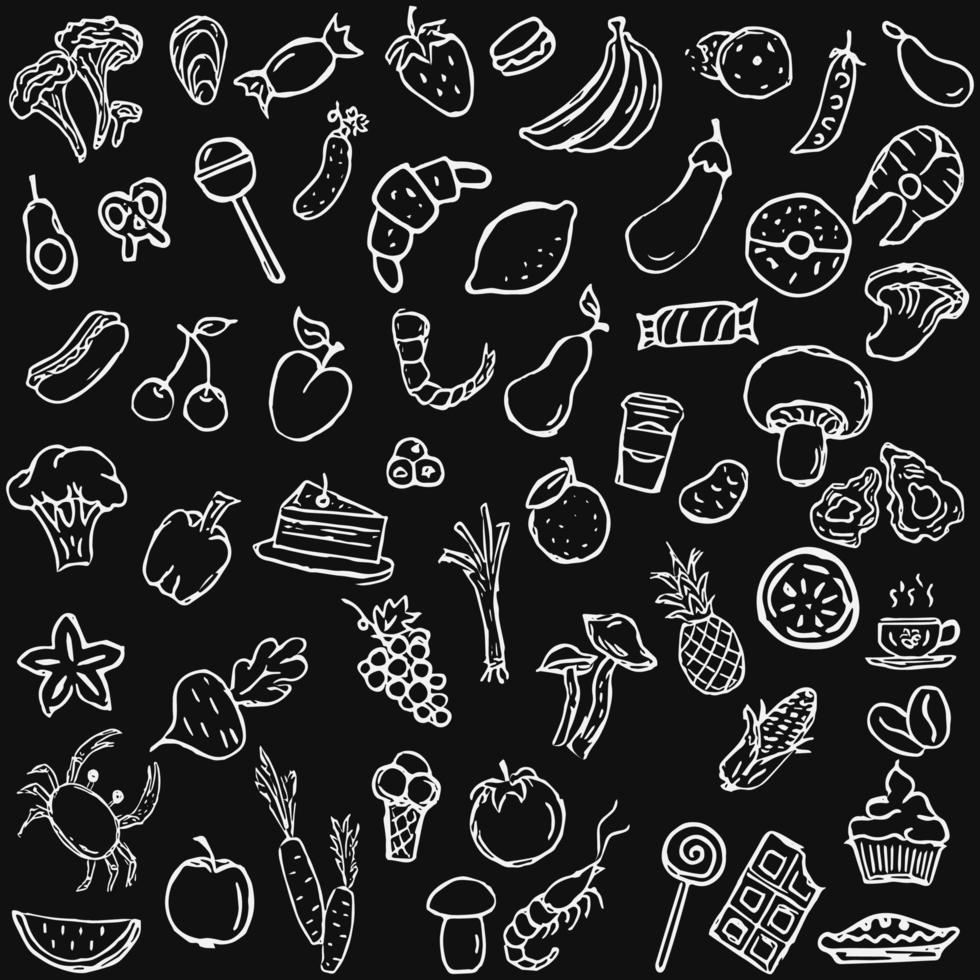 Vektor-Set-Icons mit Lebensmitteln. Gekritzelvektor mit Lebensmittelikonen auf schwarzem Hintergrund. vintage food set icons, süße elemente hintergrund für ihr projekt, menü, café shop. vektor