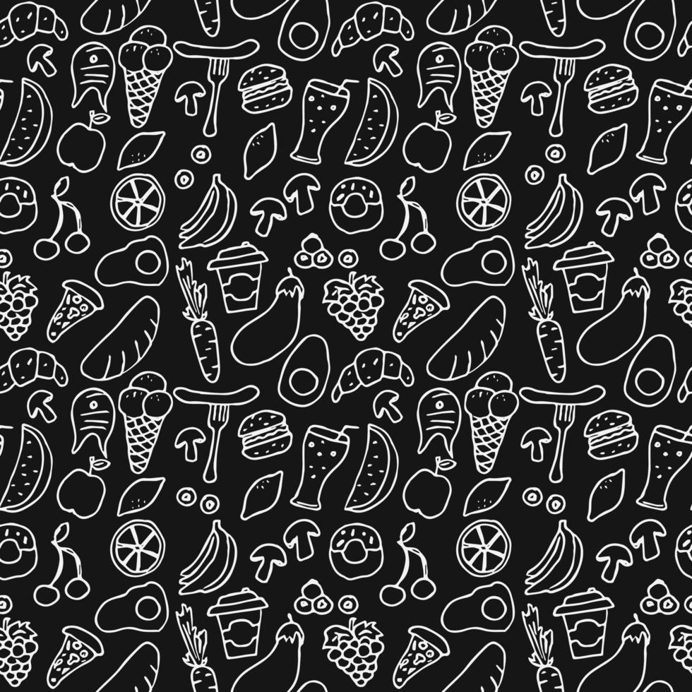 Nahtloses Muster mit Lebensmittelsymbolen auf schwarzem Hintergrund. Doodle-Lebensmittel-Vektor-Illustration. Vintage-Muster mit Lebensmittelsymbolen, Hintergrund für süße Elemente für Ihr Projekt vektor