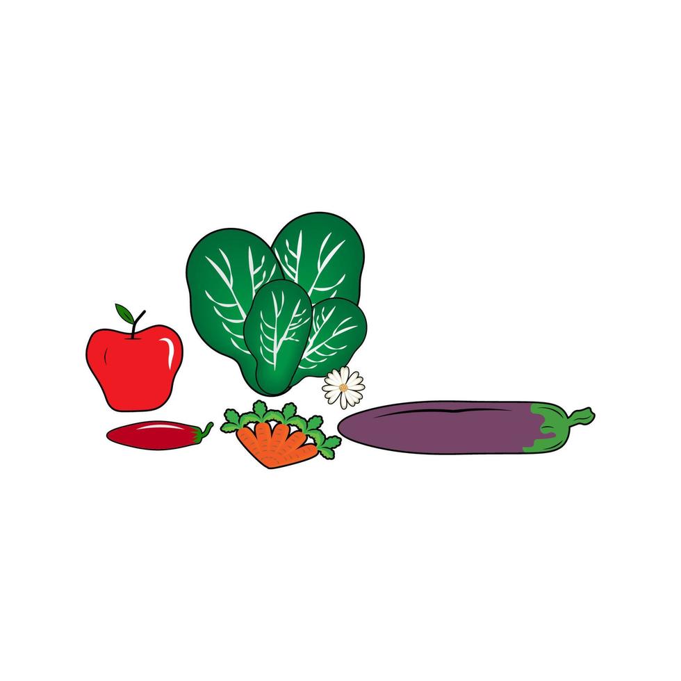 fünf Gemüsesorten, Tomaten, Kohl, Karotten, Chilis und Auberginen. vektor