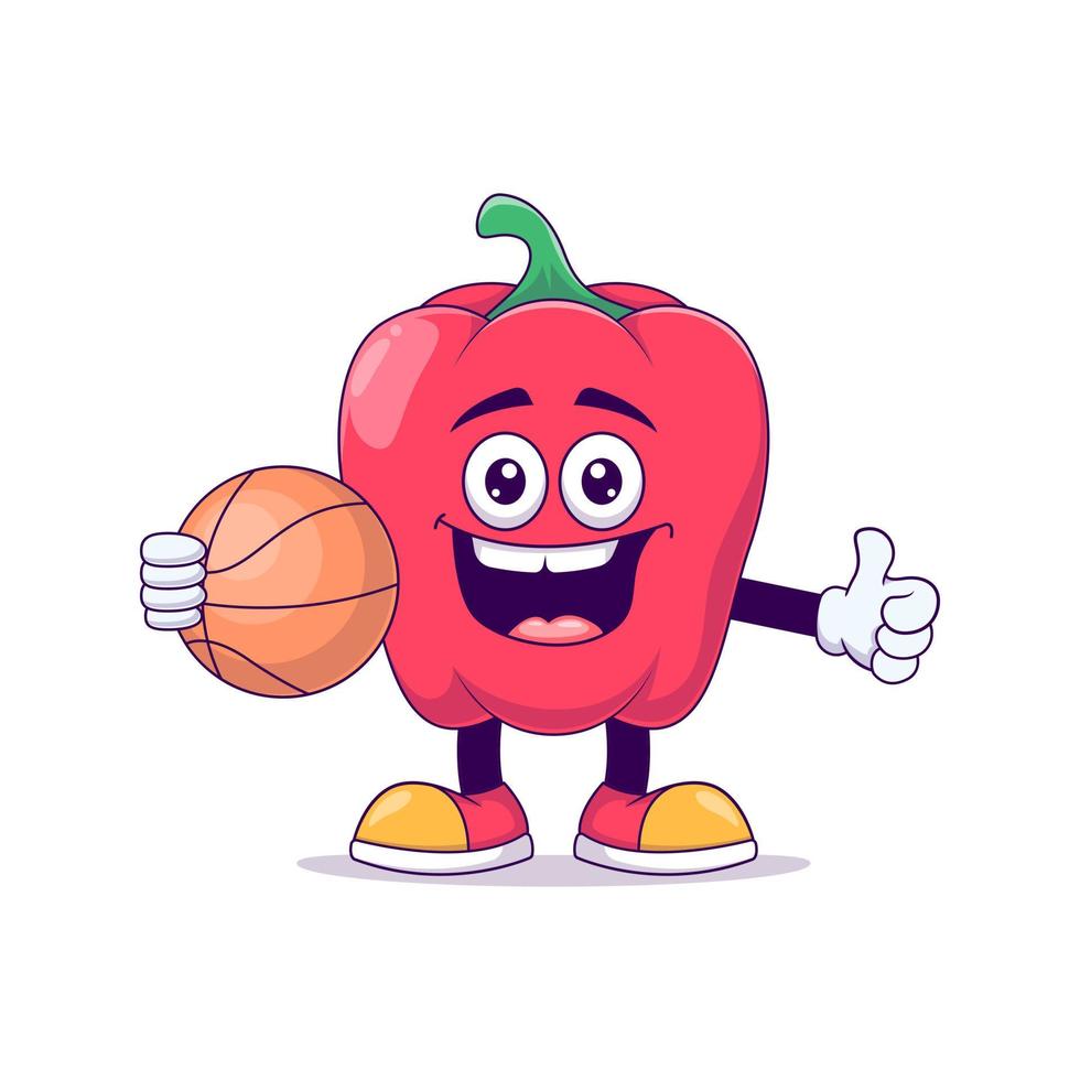 rote paprika, die basketball-karikaturmaskottchen spielt vektor