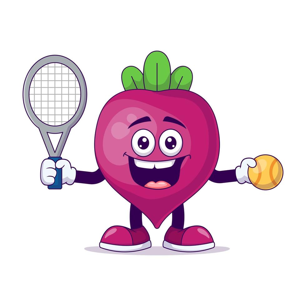 Rote Beete, die Tennis spielt, Cartoon-Maskottchen-Charaktervektor vektor