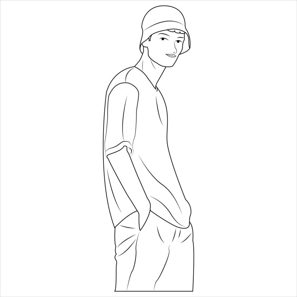 seriefigur för målarbok. en man som bär hatt och vardagskläder. vektor illustration