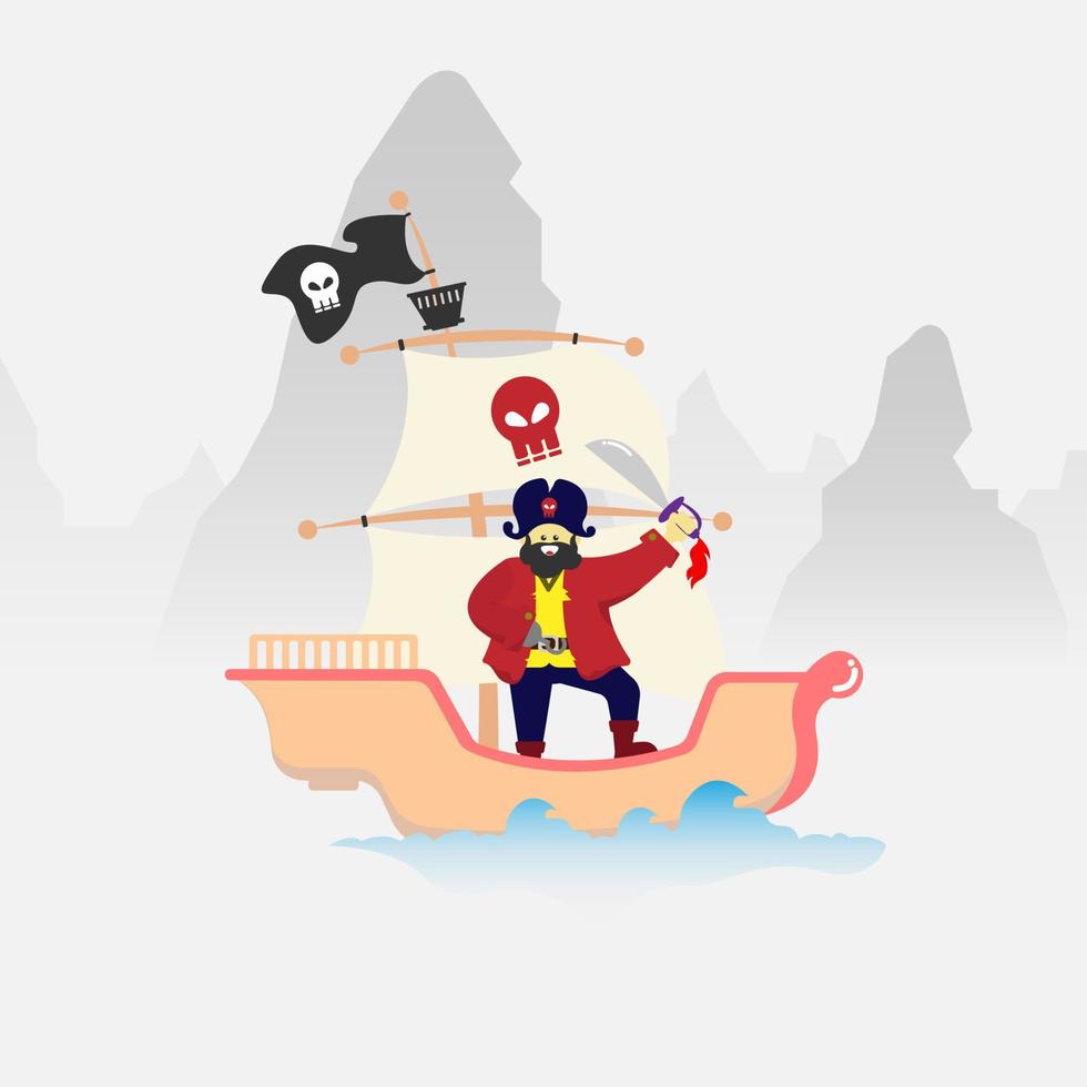 en pirat som bär ett svärd står på sitt skepp och seglar i havet. lämplig för barnprodukter vektor