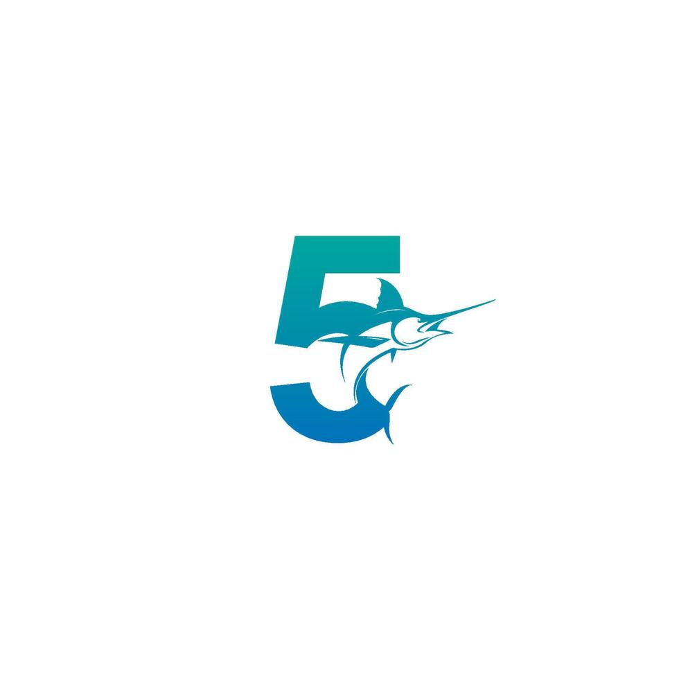 nummer 5 logotyp ikon med fisk design symbol mall vektor