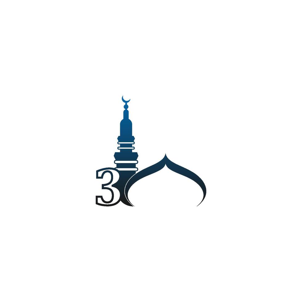 Nummer 3 Logo-Symbol mit Moschee-Design-Illustration vektor