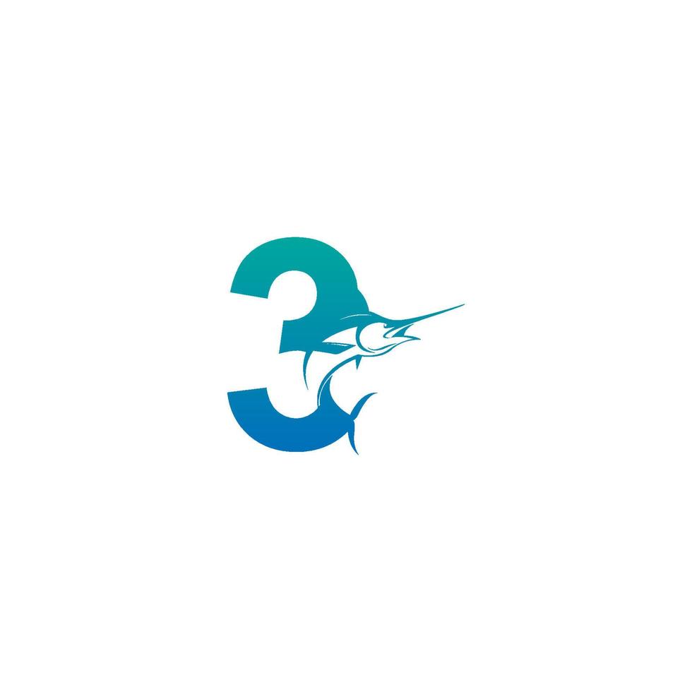 nummer 3 logotyp ikon med fisk design symbol mall vektor