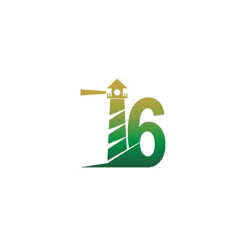 Nummer 6 mit Leuchtturm-Symbol-Logo-Design-Vorlage vektor