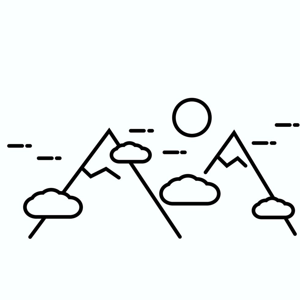 vektorillustration der berglandschaft im dünnen linienstil. isolierte grafische elemente sonne, wolken und berge. Symbol für die Naturszene. vektor