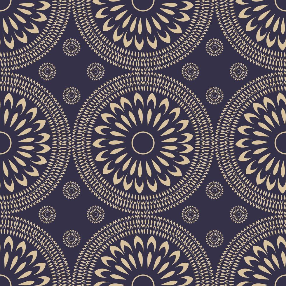 orientalische ethnische Kreisblumenform Zeitgenössisches Goldfarbnahtloses Muster auf dunkelblauem Hintergrund. Verwendung für Stoffe, Textilien, Innendekorationselemente, Polster. vektor