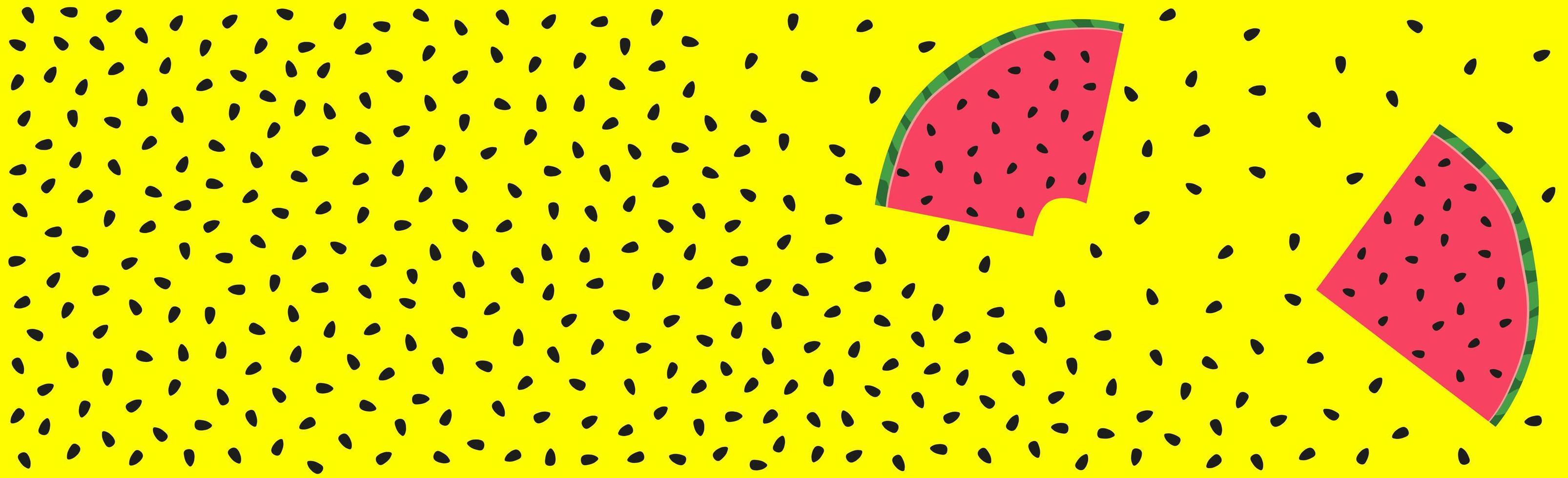 Stücke Wassermelone mit einer Streuung von Samen auf einem leuchtend gelben Hintergrund - Vektor