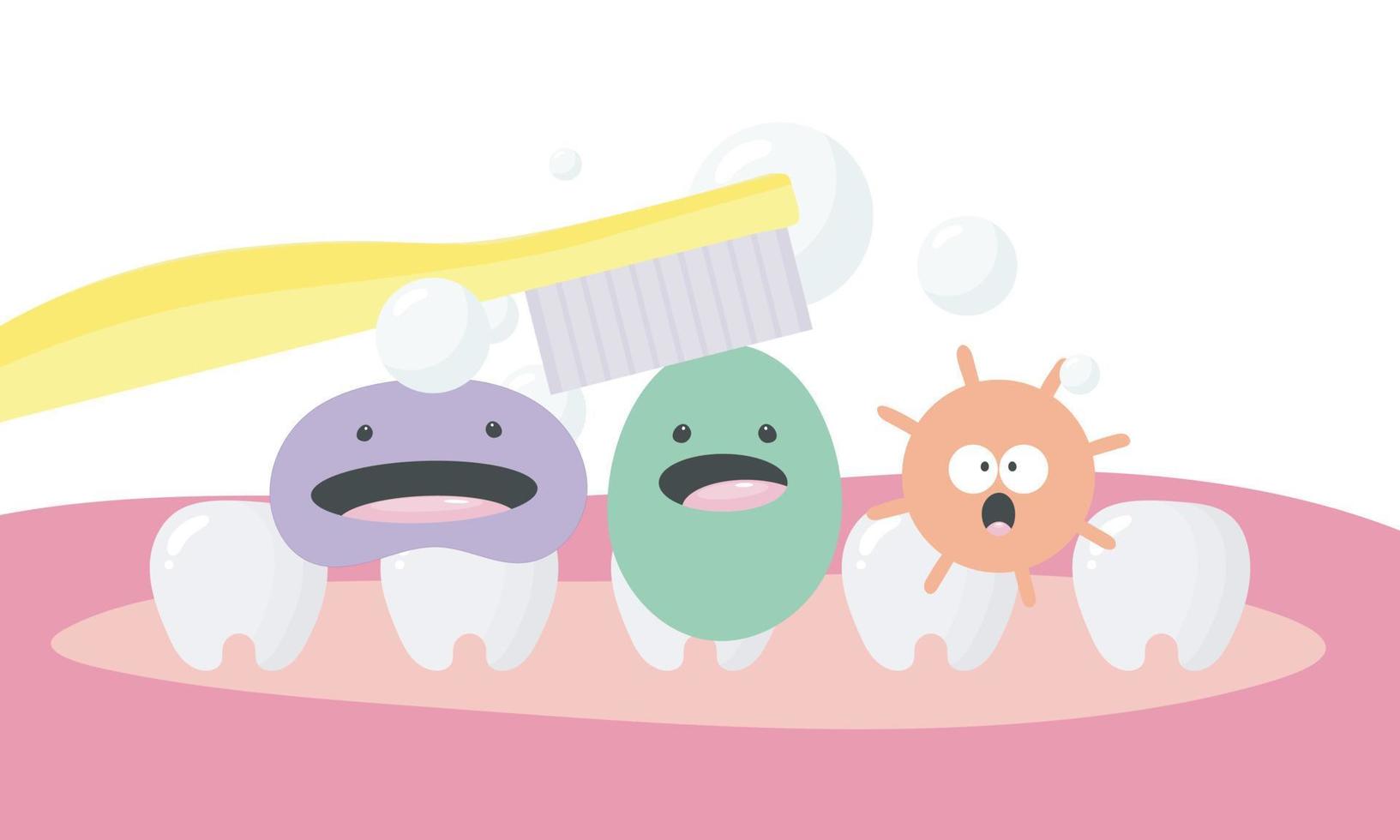 affisch om tandhygien i tecknad stil. illustrationen visar roliga tänder, mikrober, tandborste. dental koncept för barn tandvård och ortodonti. vektor illustration.