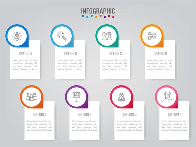 Business infographic etikettmall med 8 alternativ vektor