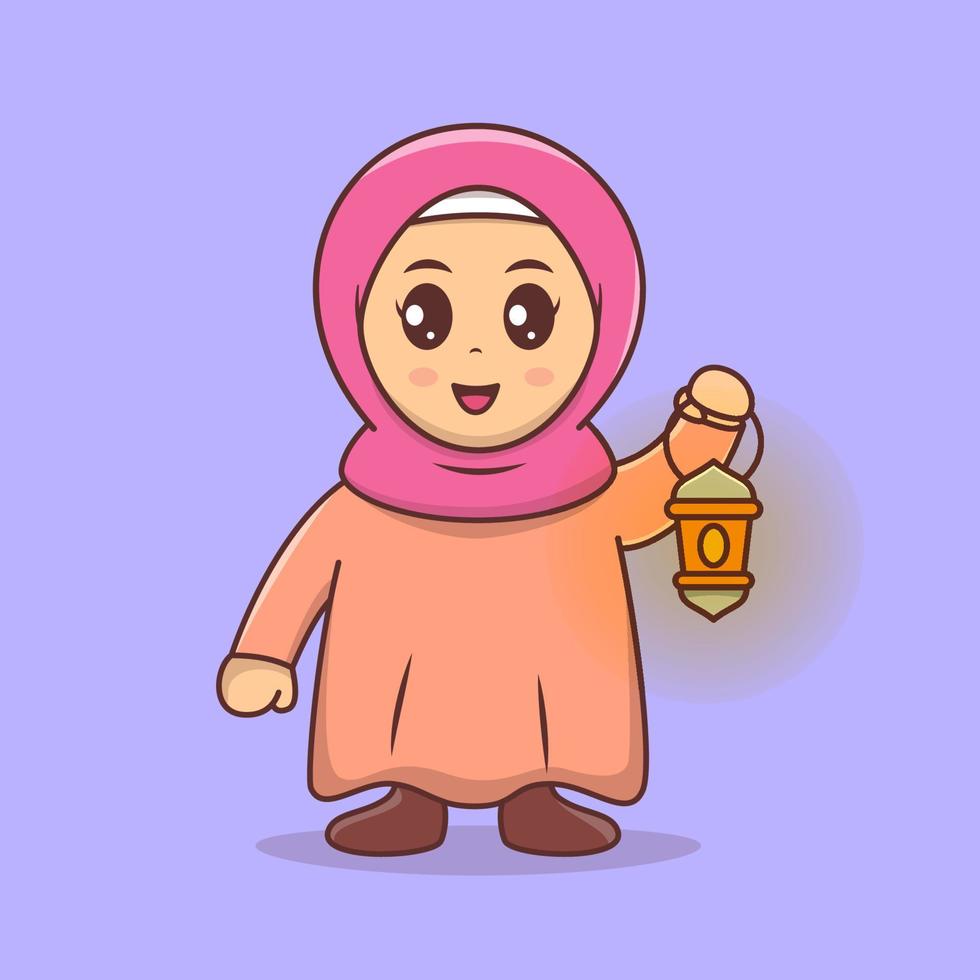 söt hijab tjej ta med lykta som firar ramadan mubarak, eid mubarak tecknad vektorillustration vektor