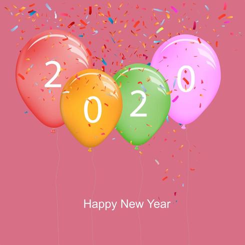 2020 gott nytt år ballonger med färgglada konfettis vektor