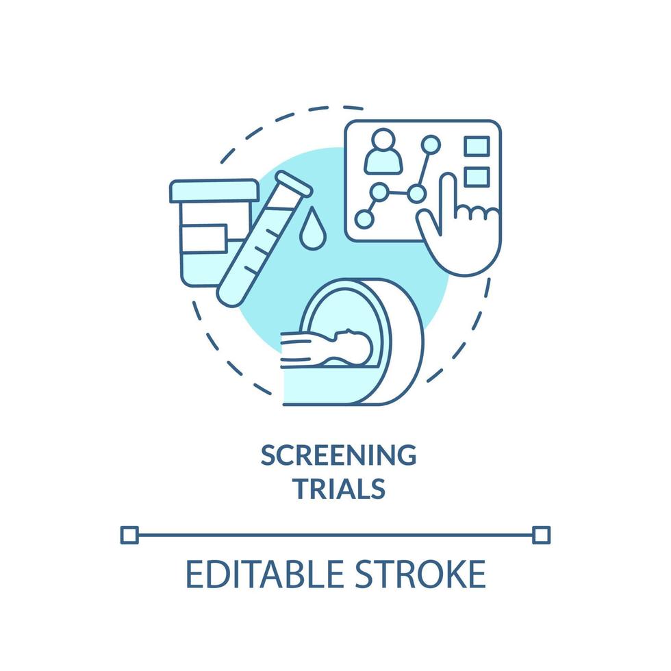 Symbol für das türkisfarbene Konzept von Screening-Studien. Patient untersucht. Art der klinischen Studien abstrakte Idee dünne Linie Abbildung. isolierte Umrisszeichnung. editierbarer Strich. Arial, unzählige pro-fette Schriftarten verwendet vektor