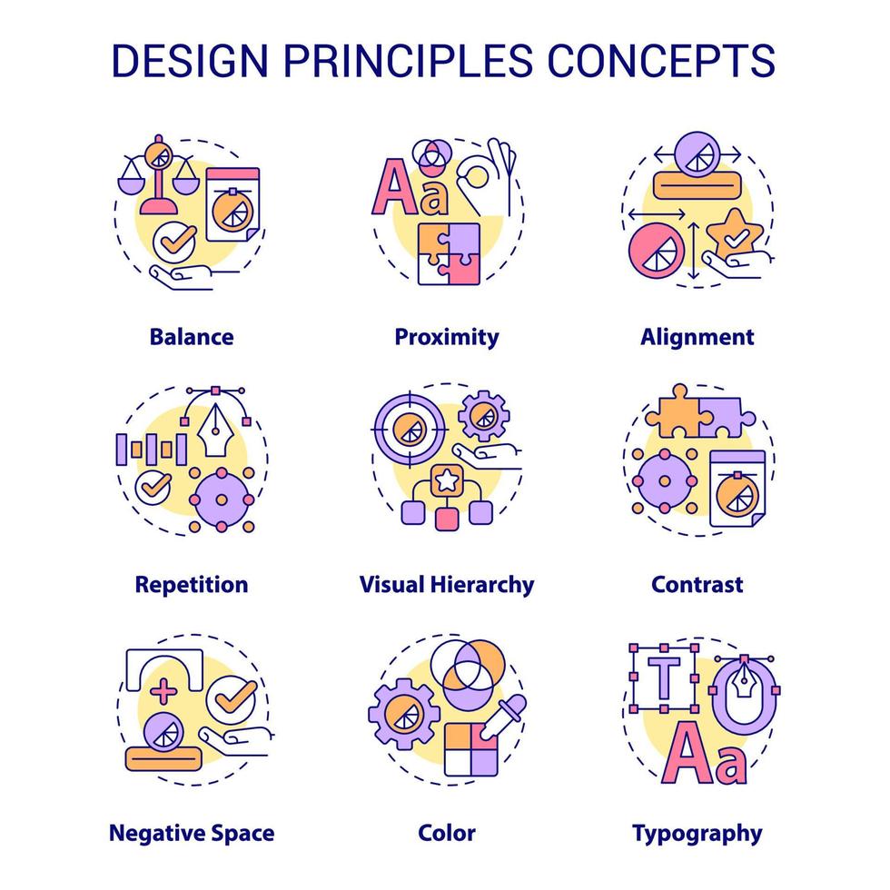 design principer koncept ikoner set. konst och skapande arbete. visuellt innehåll trender idé tunn linje färgillustrationer. isolerade symboler. redigerbar linje. roboto-medium, otaliga pro-bold typsnitt som används vektor