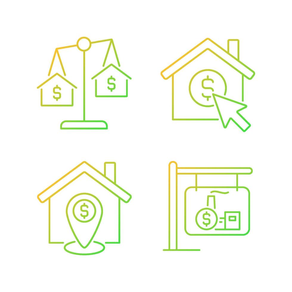 lineare vektorsymbole für die gehäusesuche mit gradienten eingestellt. immobilien vergleich. Heimatort. Immobilien-Website. dünne Linienkontursymbole entwerfen Bündel. Sammlung von isolierten Umrissillustrationen vektor