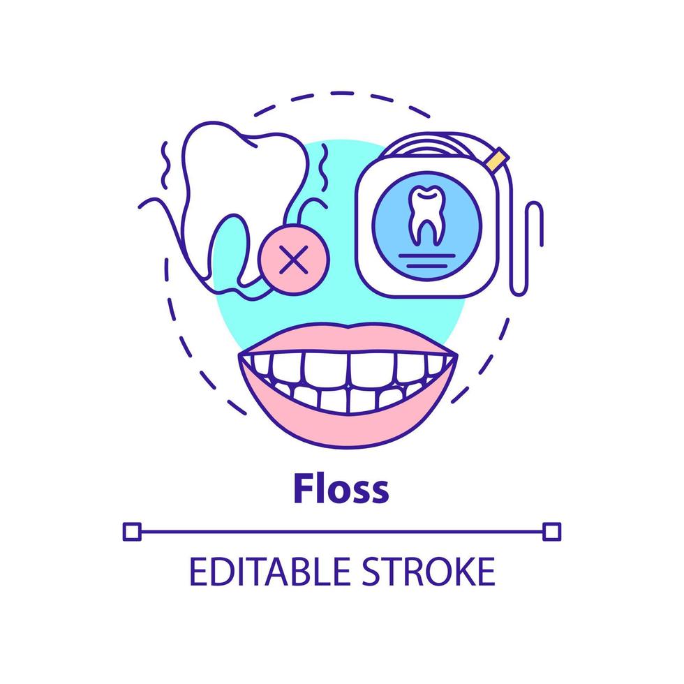 tandtråd koncept ikon. förebygga tandköttssjukdom abstrakt idé tunn linje illustration. ta bort mat och plack mellan tänderna. isolerade konturritning. redigerbar linje. arial, otaliga pro-bold typsnitt som används vektor