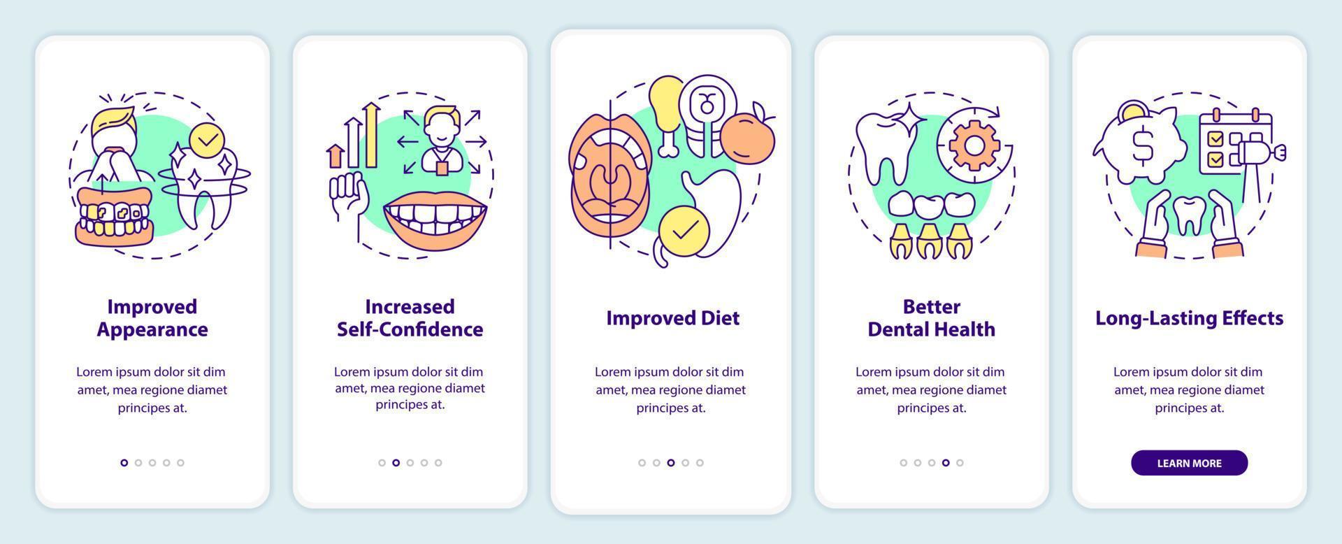 fördelar för kosmetisk tandvård på mobilappskärmen. förbättrad diet genomgång 5 steg grafiska instruktioner sidor med linjära koncept. ui, ux, gui mall. otaliga pro-fet, vanliga typsnitt som används vektor