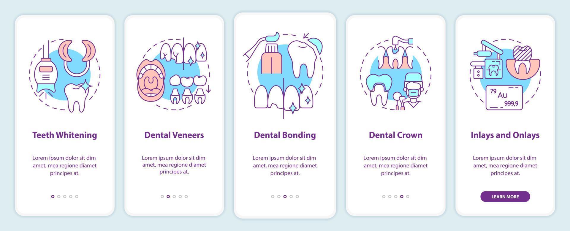 Arten der kosmetischen Zahnheilkunde beim Onboarding des Bildschirms der mobilen App. Walkthrough zur Zahnaufhellung in 5 Schritten, grafische Anleitungsseiten mit linearen Konzepten. ui, ux, gui-Vorlage. Unzählige pro-fette, normale Schriftarten werden verwendet vektor