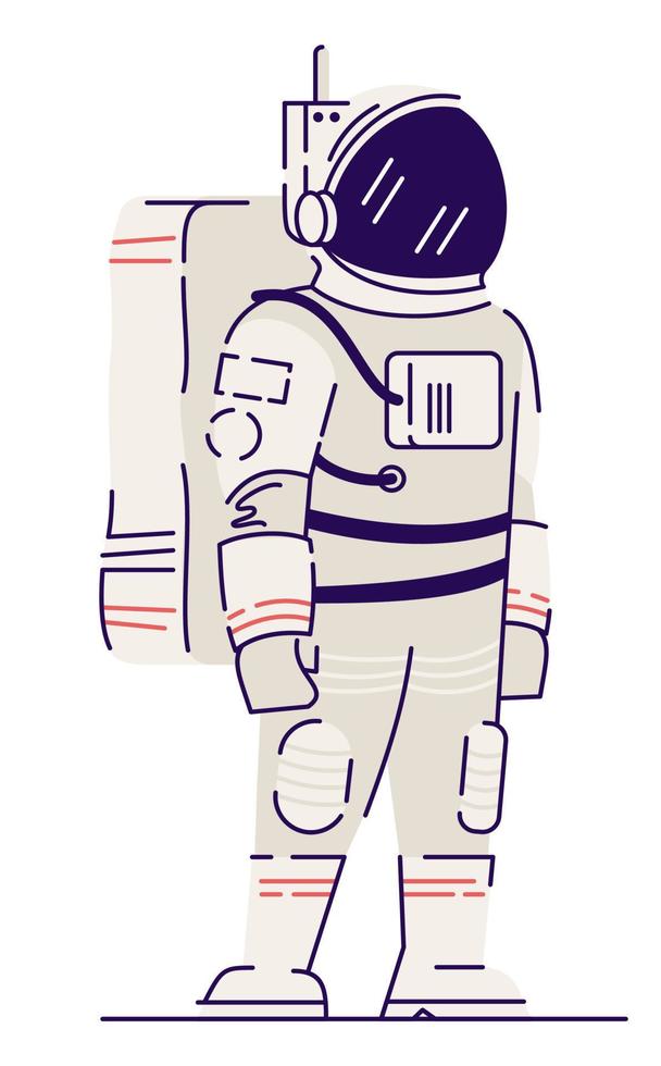 redo för rymdresor semi platt rgb färg vektorillustration. manlig kosmonaut i fullt utrustad rymddräkt isolerad seriefigur på vit bakgrund vektor