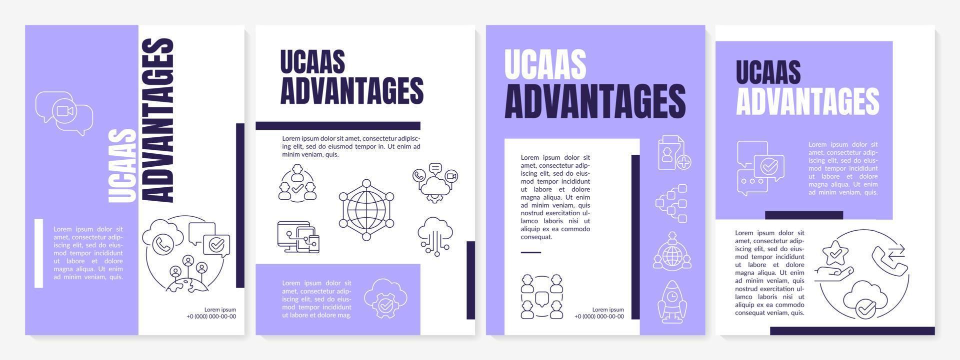 ucaas vorteile lila broschürenvorlage. Serviceleistungen. Kommunikation. Broschürendesign mit linearen Symbolen. 4 Vektorlayouts für Präsentationen, Jahresberichte. anton, lato-normale Schriftarten verwendet vektor