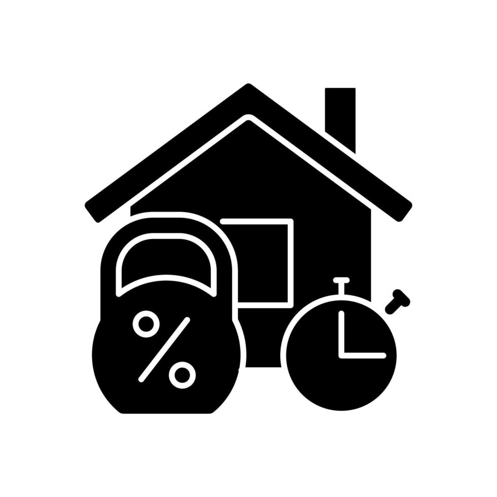 schwarzes Glyphen-Symbol für kurzfristige Hypotheken. Kredit für Hauskauf. Immobilie. Verkauf und Kauf von Immobilien. Schattenbildsymbol auf Leerraum. solides Piktogramm. vektor isolierte illustration