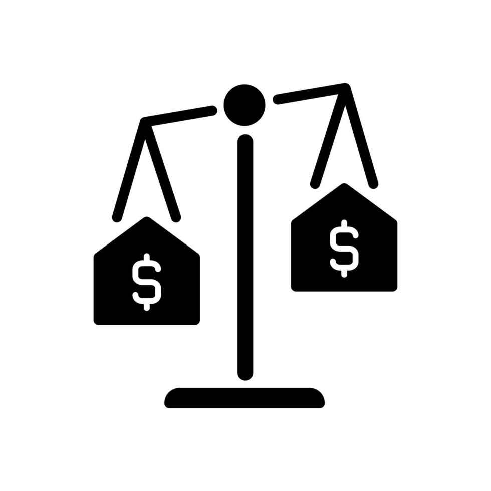 Haus vergleichbares schwarzes Glyphen-Symbol. ähnlichen zustand häuser vergleich. Immobilienbewertung. Immobilienverkauf. Schattenbildsymbol auf Leerraum. solides Piktogramm. vektor isolierte illustration