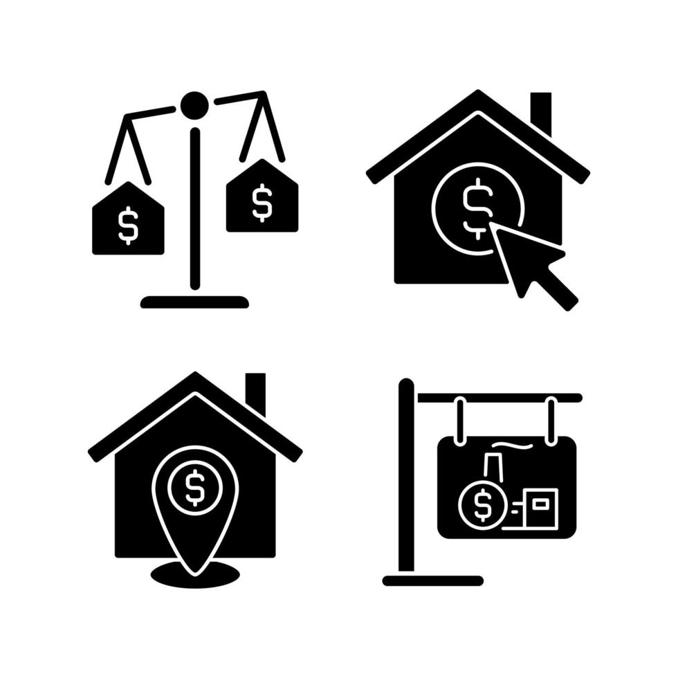 Wohnungssuche schwarze Glyphen-Symbole auf weißem Raum. immobilien vergleich. Heimatort. Immobilien-Website. Silhouettensymbole. Solide Piktogrammpackung. vektor isolierte illustration