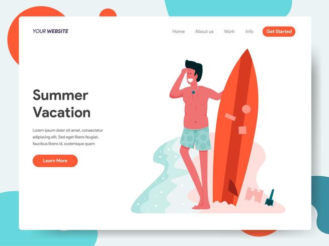 Landing Page Template des Mannes posiert mit einem Surfbrett vektor