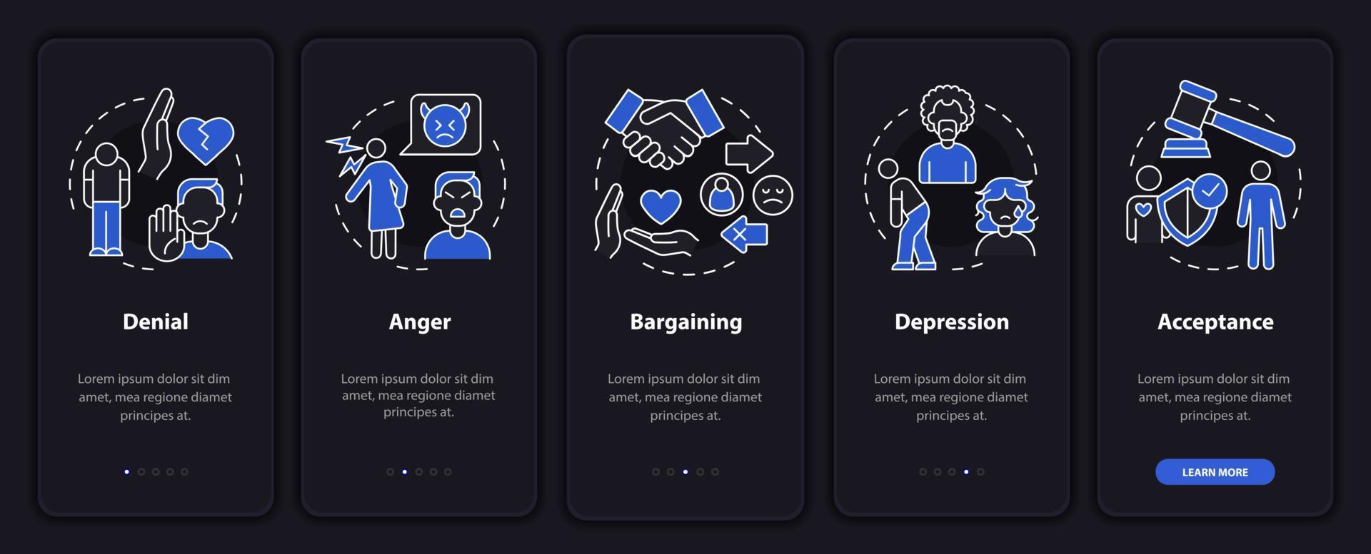 Scheidungsstufen Nachtmodus beim Onboarding des Bildschirms der mobilen App. Prozess Walkthrough 5 Schritte grafische Anleitungsseiten mit linearen Konzepten. ui, ux, gui-Vorlage. Unzählige pro-fette, normale Schriftarten werden verwendet vektor