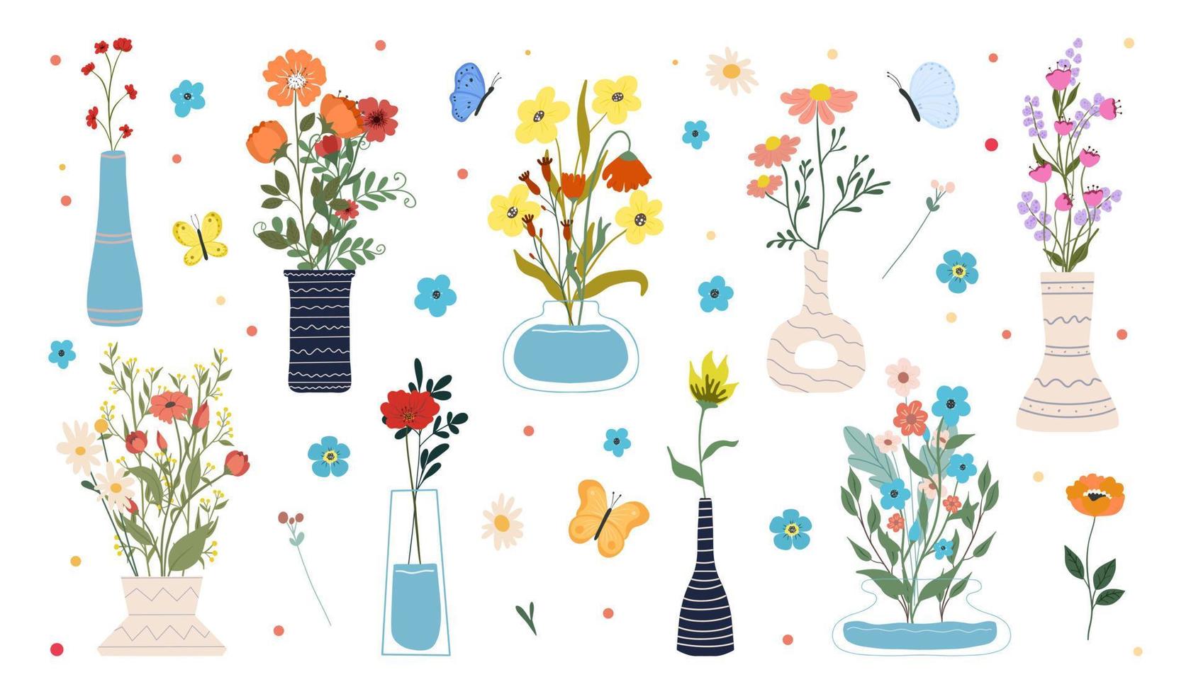 Sammlung blühender Blumen in Vasen und Flaschen isoliert auf weißem Hintergrund. Reihe von dekorativen floralen Designelementen. flache Cartoon-Vektor-Illustration. vektor