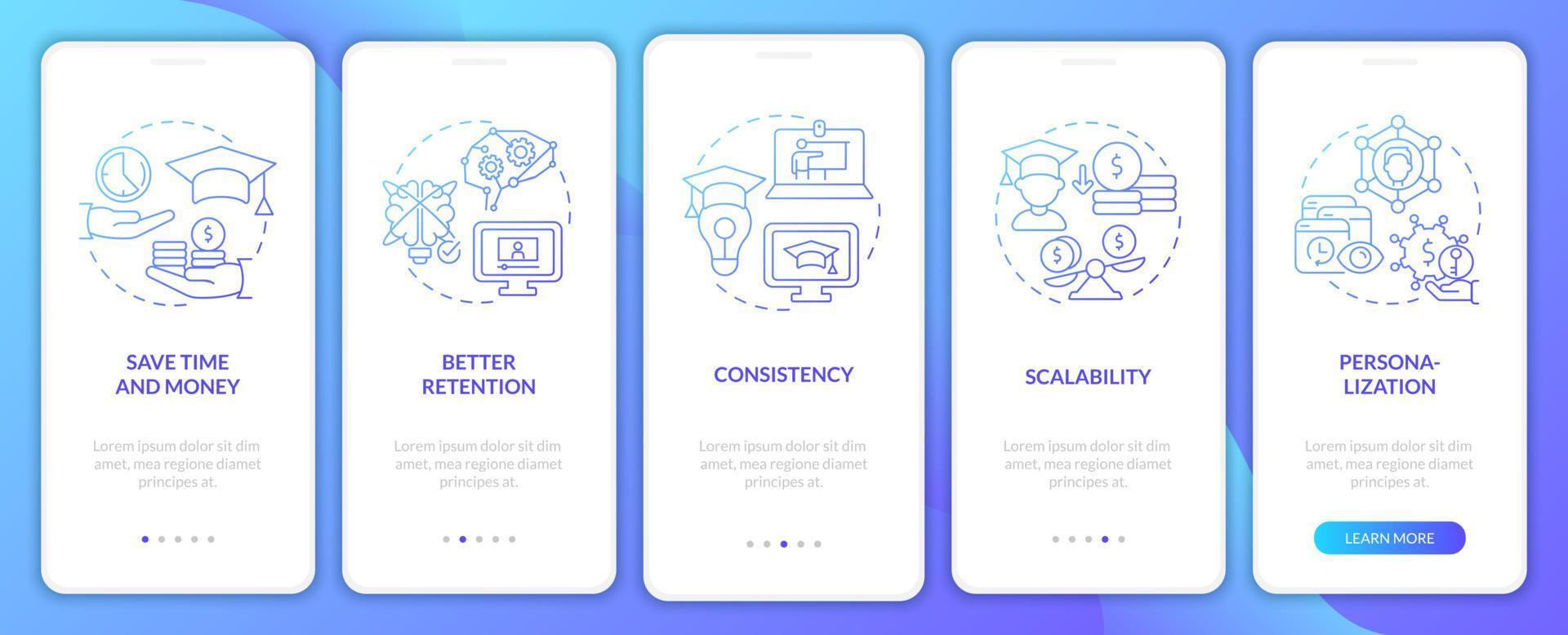 vorteile von elearning blue gradient beim onboarding des mobilen app-bildschirms. Komplettlösung 5 Schritte grafische Anleitungsseiten mit linearen Konzepten. ui, ux, gui-Vorlage. Unzählige pro-fette, normale Schriftarten werden verwendet vektor