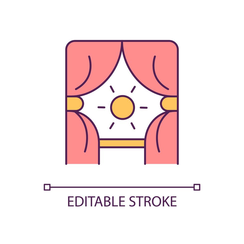 offene vorhänge und leuchtende sonne rgb-farbsymbol. Positiver Tagesstart. glückliche Morgenzeit. Wohlfühl-Lebensstil. isolierte vektorillustration. einfache gefüllte Strichzeichnung. editierbarer Strich. Schriftart Arial verwendet vektor