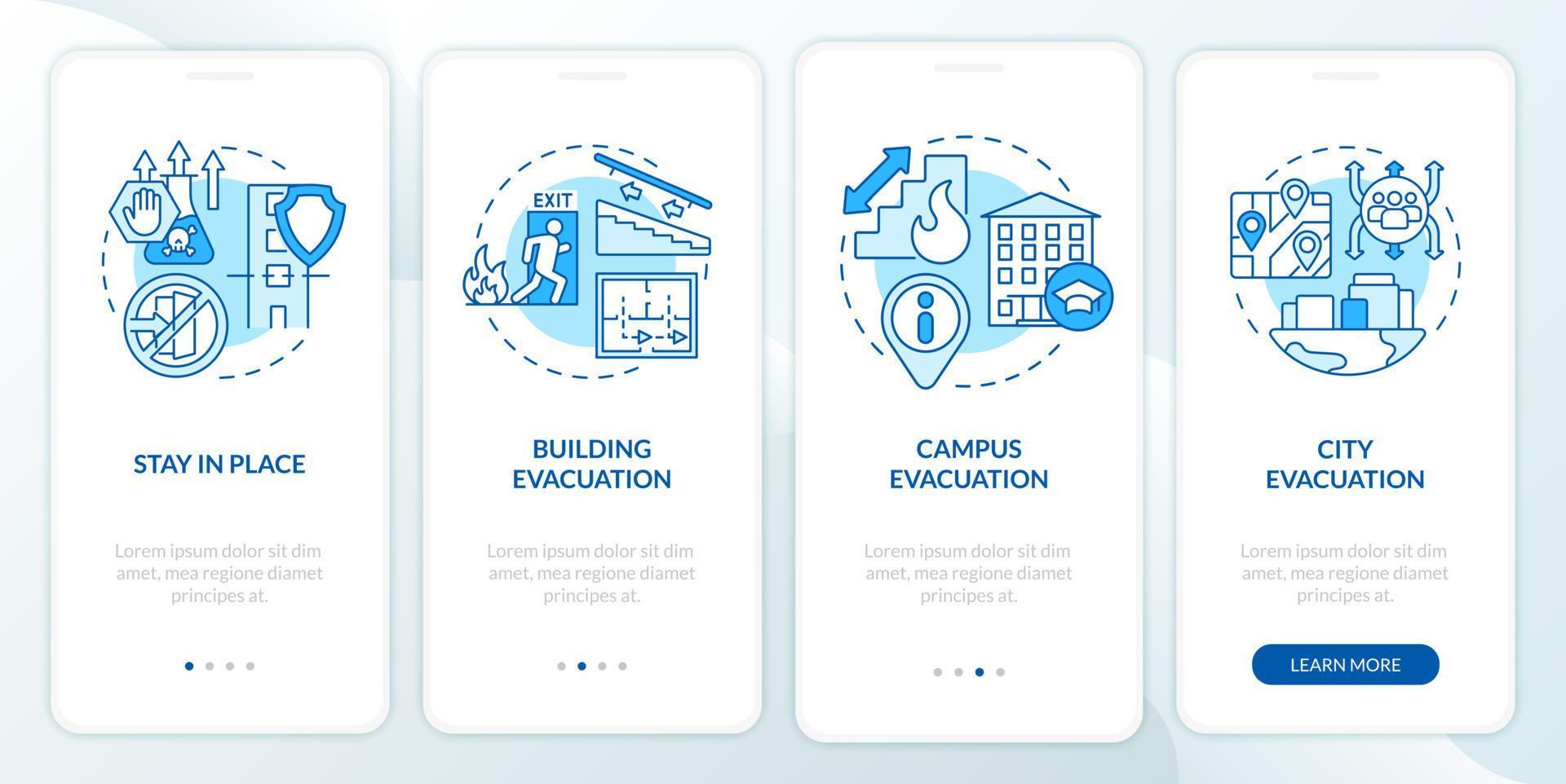 Evakuierungstypen blauer Onboarding-Bildschirm der mobilen App. Notlösung Komplettlösung 4 Schritte grafische Anleitungsseiten mit linearen Konzepten. ui, ux, gui-Vorlage. Unzählige pro-fette, normale Schriftarten werden verwendet vektor