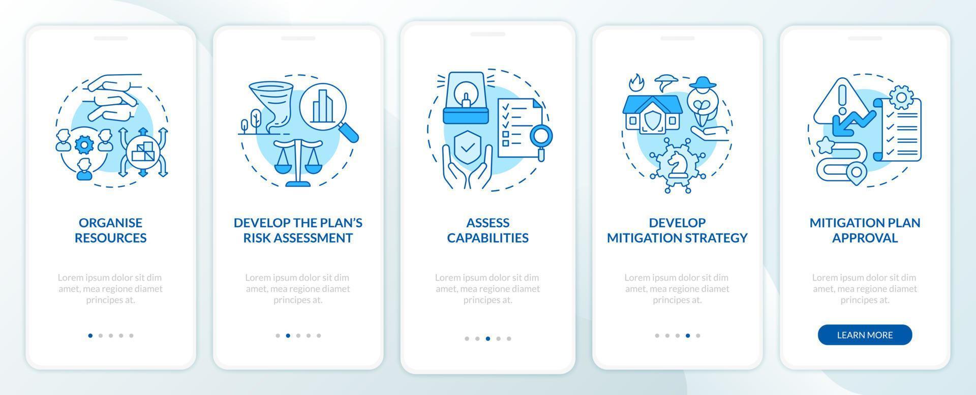 steg för riskreducering blå onboarding mobilappskärm. minska hot genomgång 5 steg grafiska instruktioner sidor med linjära koncept. ui, ux, gui mall. otaliga pro-fet, vanliga typsnitt som används vektor