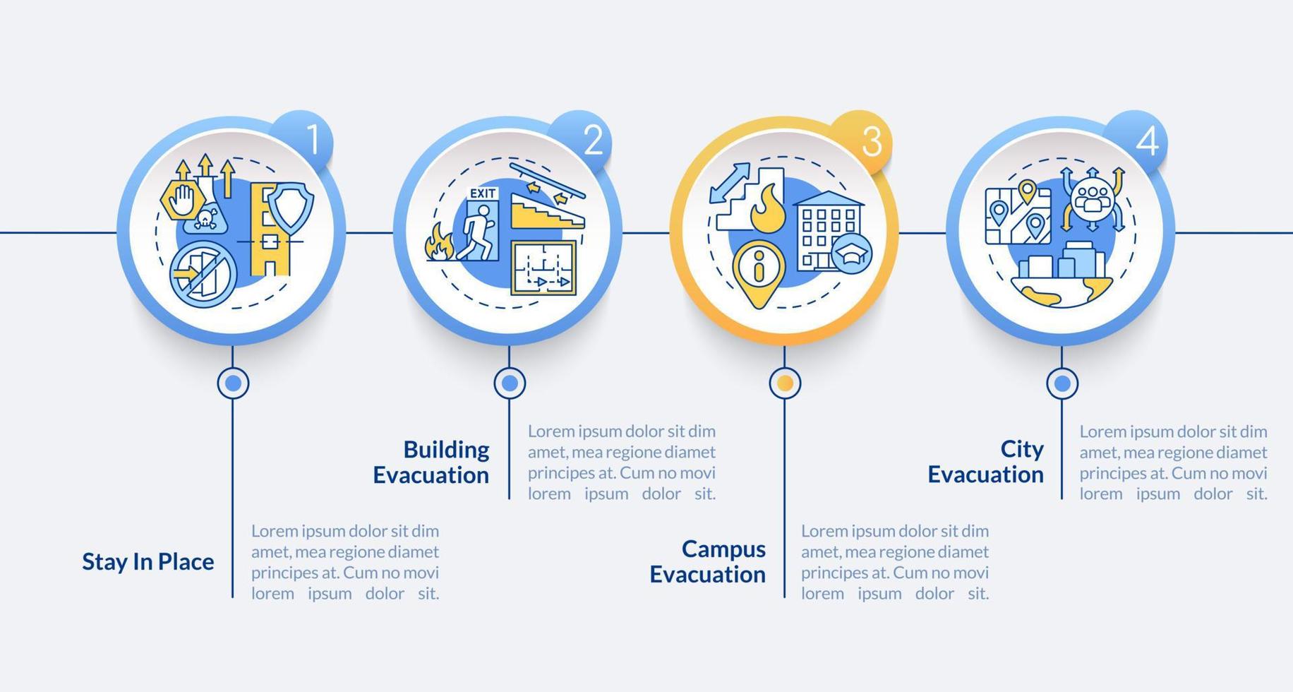 Evakuierungstypen kreisen Infografik-Vorlage ein. Notfall. Datenvisualisierung mit 4 Schritten. Info-Diagramm zur Prozesszeitachse. Workflow-Layout mit Liniensymbolen. lato-fett, normale lato-Schriftarten verwendet vektor